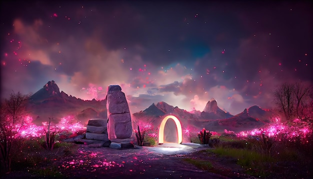 Portal mágico en un marco de piedra en una montaña por la noche con luces moradas en la hierba ilustración 3d