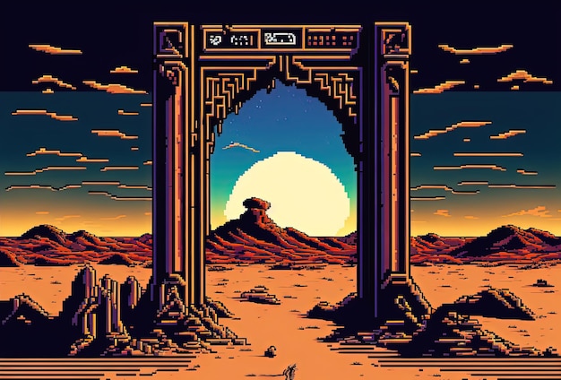 Portal mágico de pixel art en el portal del desierto al fondo de la dimensión de fantasía para juegos de IA de 8 bits