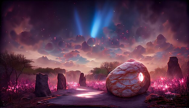 Portal mágico en un planeta rocoso o alienígena con piedras voladoras alrededor de una ilustración 3d de fondo ahumado rosa gris