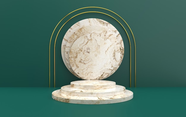 Portal minimalista con podio de mármol, representación 3d, escena con formas geométricas, fondo verde abstracto mínimo, pedestal de mármol blanco redondo, escena redonda escalonada, marco dorado redondo