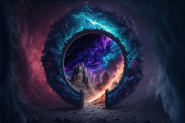 Portal místico en la superficie de un planeta desconocido, espacio con nebulosa en el fondo. Generativo