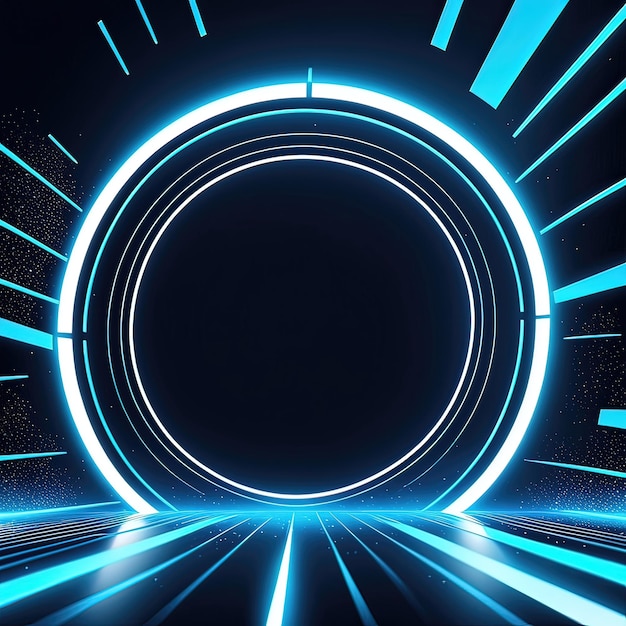 Portal de neón azul futurista con rayos de luz radiantes en el espacio oscuro