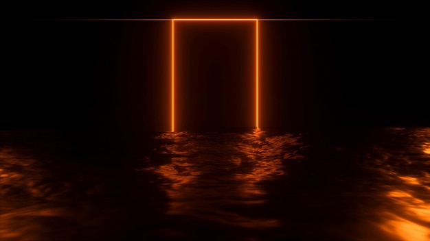 Portal de neón en renderizado 3D de fondo retro futurista de brillo naranja