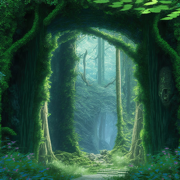 Un portal a otra dimensión en un denso bosque verde Toda la tierra está cubierta Ilustración 3D