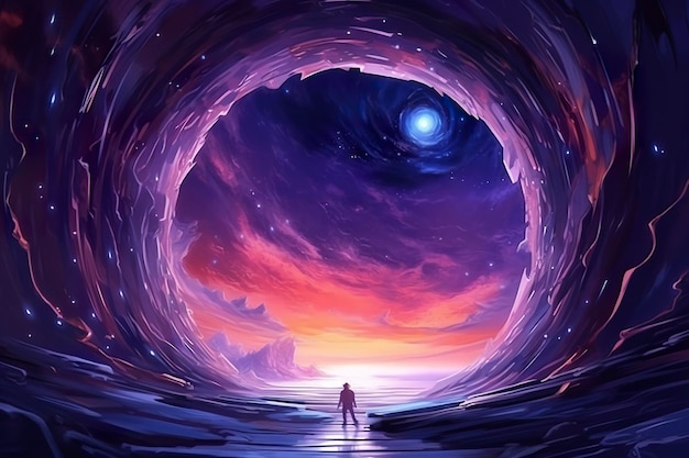 Foto portal a otro mundo paisaje cósmico futurista con túnel circular en el cielo estrellado puerta en el espacio fondo futurista con galaxia y nebulosa creado con generativo aix9
