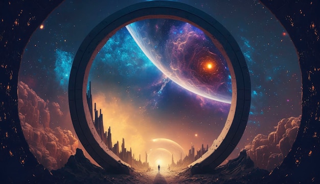 Portal a otro mundo Paisaje cósmico futurista con túnel circular en el cielo estrellado Puerta en el espacio fondo futurista con galaxia y nebulosa Creado con IA generativa