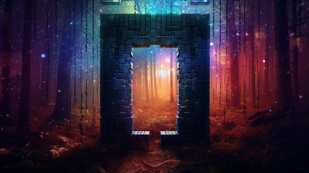 Portal de píxeles Esta imagen cautivadora presenta una puerta de entrada pixelada envuelta por fascinantes efectos de falla que insinúan un pasaje a una dimensión digital vibrante donde la imaginación cobra vida.