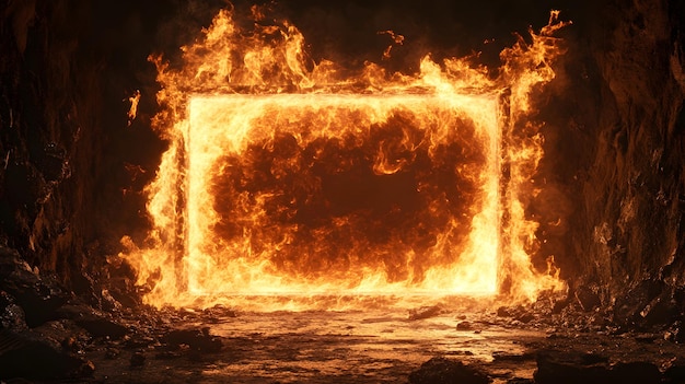 Un portal rectangular de fuego en una oscura cueva rocosa