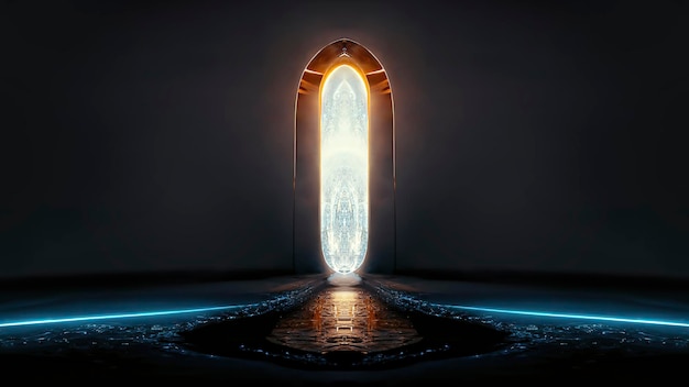 Portal de túnel de neón interior futurista abstracto Luces de neón de fondo oscuro moderno pasaje subterráneo El movimiento de la luz en la ilustración 3D de fondo de ciencia ficción oscura