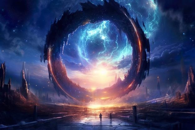 Portal zu einer anderen Welt Futuristische kosmische Landschaft mit Kreis-Tunnel am sternenreichen Himmel Tor im Weltraum futuristischer Hintergrund mit Galaxie und Nebel Erstellt mit Generative AIx9