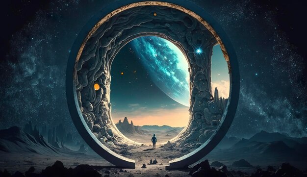 Portal zu einer anderen Welt Futuristische kosmische Landschaft mit Kreistunnel im Sternenhimmel