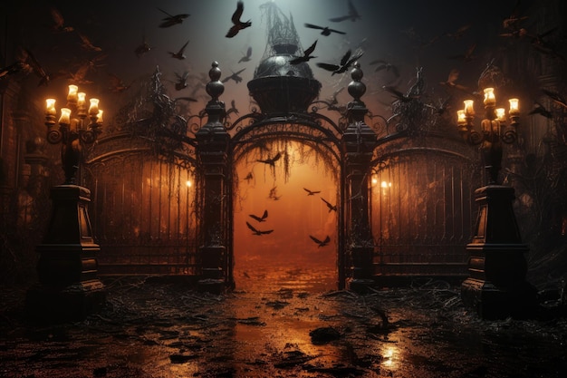 Portão com fundo de corvo portão de cemitério assustador IA generativa