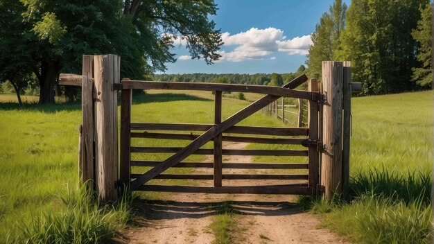 Foto portão de campo que leva a um campo verde