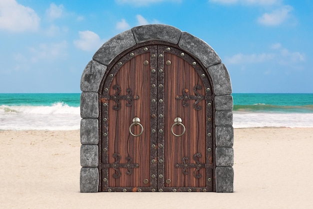 Portão de castelo fechado de madeira de arco medieval em uma renderização em 3d de praia de areia ou mar