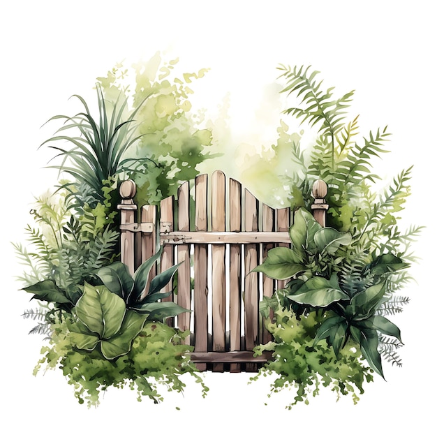 Portão de cerca de Wattle com vegetação fresca destacando T portão em aquarela arte de beleza em fundo branco