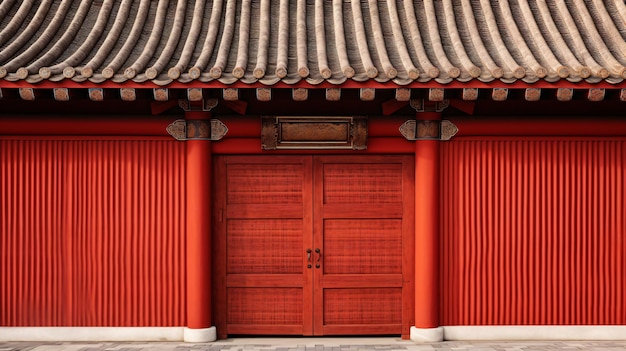 Portão de madeira vermelho sob o oriente tradicional do telhado de telhas