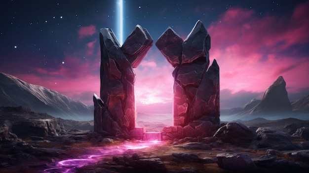 Foto portão de pedra mágica com luz brilhante de neon em meio de paisagem cósmica abstrato futurista portal de neon