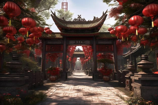Portão do templo chinês com lanternas vermelhas criadas com ai generativo