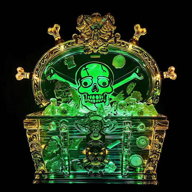 Foto portão do tesouro pirata com crânio e óseas cruzadas e dublões objeto glowing y2k neon art design