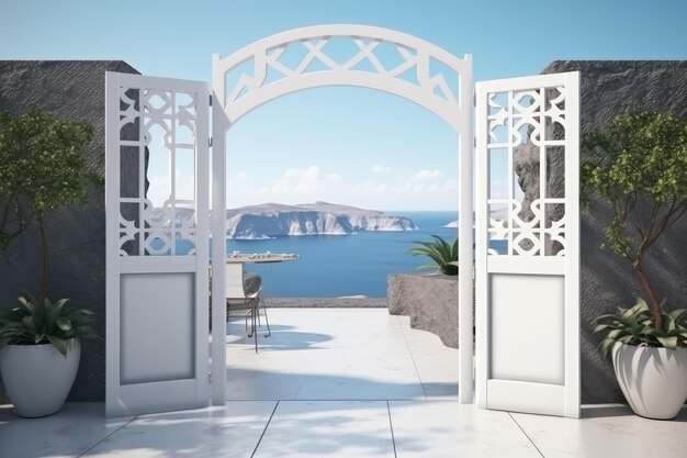 Portão estilo Santorini aberto para a praia e vista para o mar