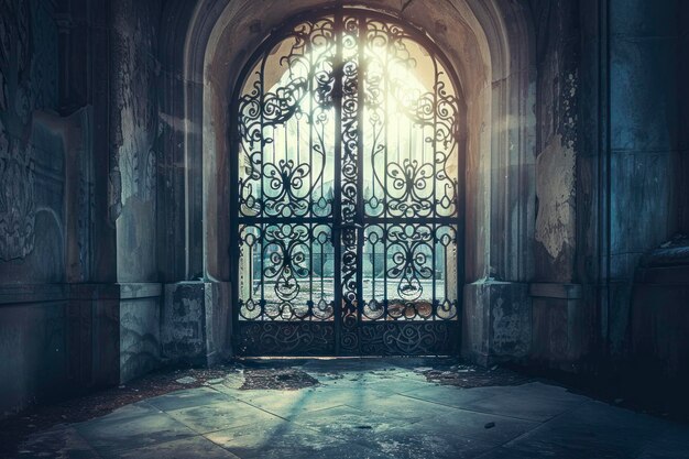 Foto portão gótico de ferro forjado com padrões intrincados guardando a entrada de um reino misterioso