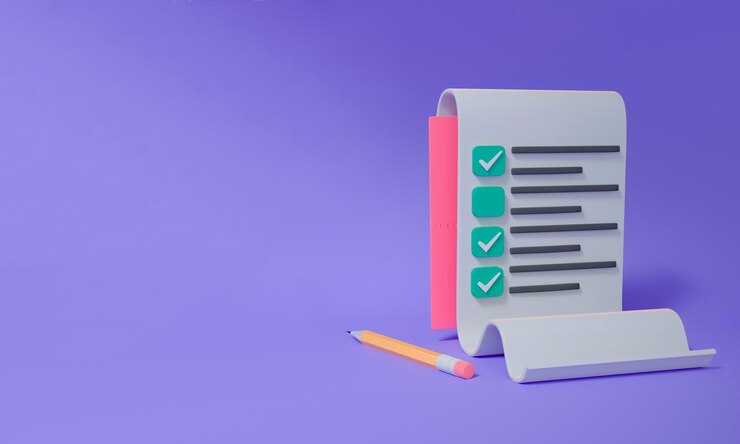 Portapapeles blanco con una lista de verificación sobre un fondo púrpura d render ilustración