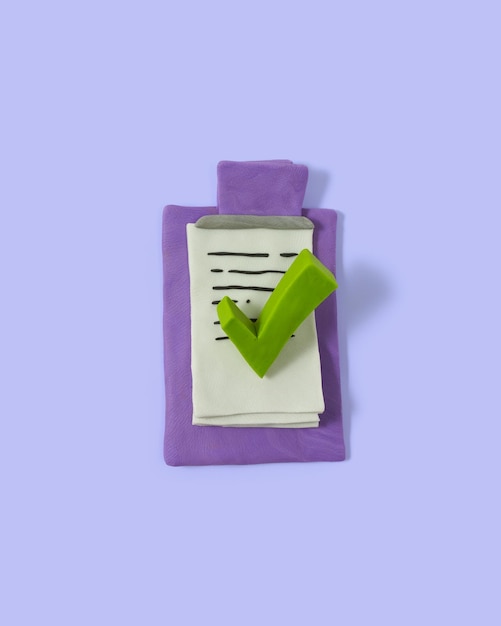Portapapeles y marca de verificación hecha de plastilina Marca de verificación verde Concepto de negocio