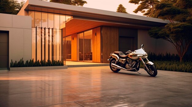 Portas de garagem modernas com carport motocicleta estacionada na entrada motocicleta em frente à casa IA geradora
