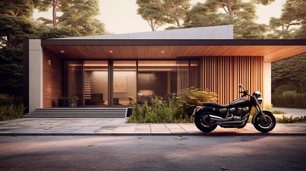 Foto portas de garagem modernas com carport motocicleta estacionada na entrada motocicleta em frente à casa ia geradora