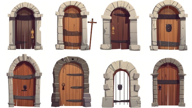 Portas decorativas medievais de madeira isoladas em fundo branco Ilustração moderna de elementos de construção históricos porches de pedra arcos com fechaduras maçanetes de ferro e arquitetura antiga