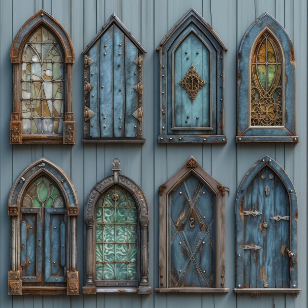 Foto portas e janelas de fada de madeira azul com vitrais