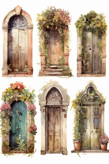 portas florais vintage em aquarela sobre fundo branco