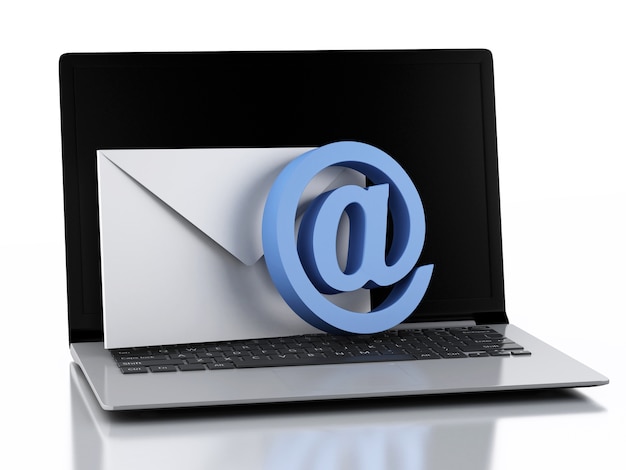 Foto portátil 3d com envelopes. conceito de e-mail