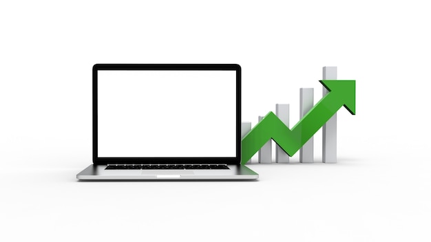 portátil aislado sobre fondo blanco con gráfico de flechas.