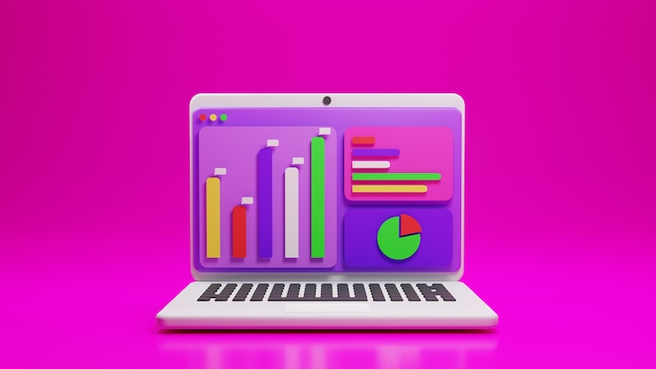 Foto portátil con aplicación analítica y gráfico de iconos en diseño 3d