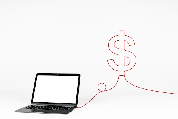 Portátil blanco vacío con cable abstracto en forma de dólar Mock up y concepto de criptomoneda Representación 3D