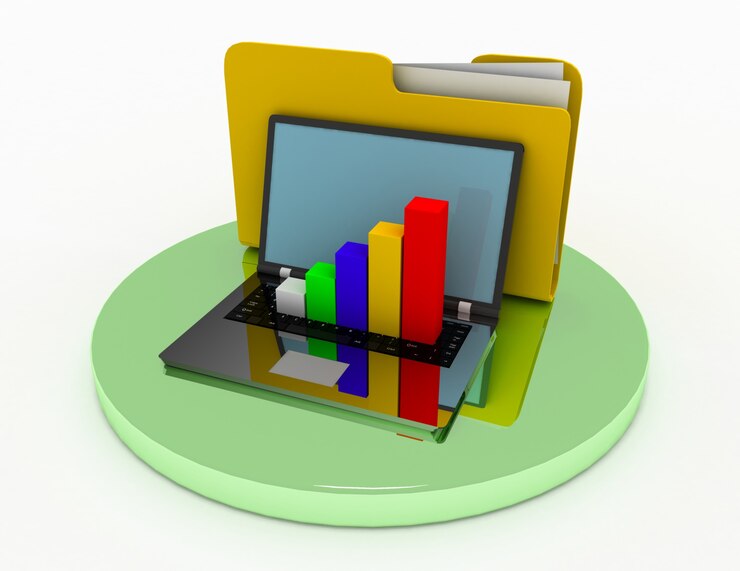 Foto portátil con carpeta de archivos y gráfico. ilustración 3d