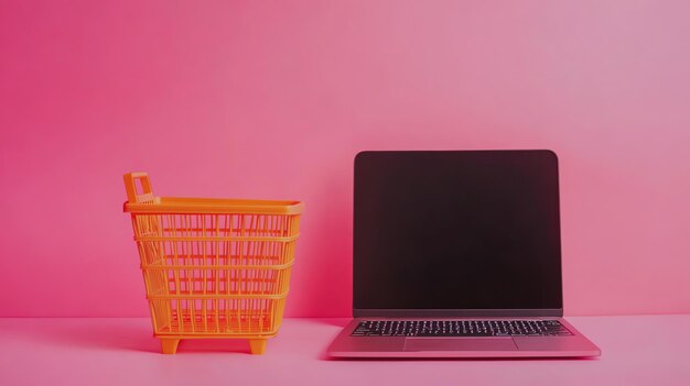 portátil con cesta de compras en el fondo de la tienda en línea