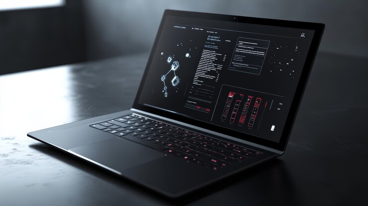 Foto portátil elegante de alta tecnología con una interfaz de usuario minimalista mostrada en la pantalla