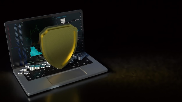 El portátil y el escudo para el concepto de seguridad cibernética renderización 3D
