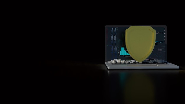 El portátil y el escudo para el concepto de seguridad cibernética renderización 3D
