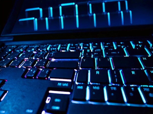 portátil con un fondo azul con un espacio para el texto tecnología de neón impulsos computadora