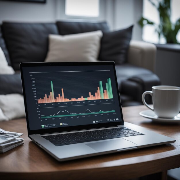 portátil con gráfico en la pantalla en la oficina de negocios finanzas y concepto de inversión 3D rende