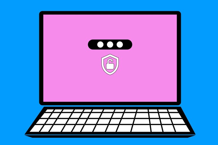 Foto portátil con un icono de escudo en la pantalla que simboliza la ciberseguridad en un fondo azul