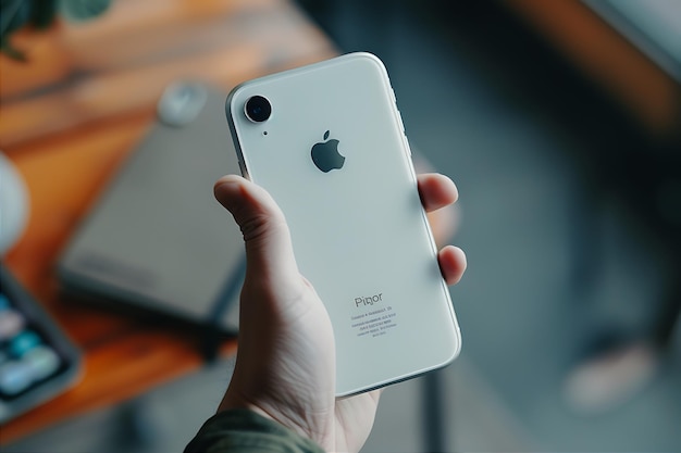 Foto el portátil iphone xr en la mano