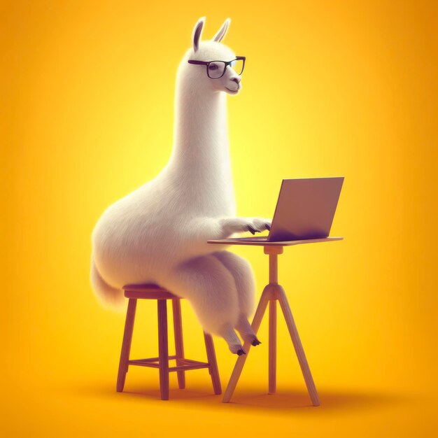 con el portátil llama en fondo amarillo ai generativo