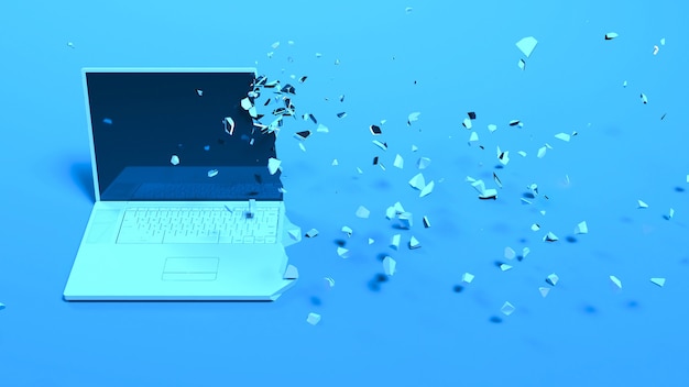 Portátil en luz azul cayendo a pedazos en partes pequeñas, ilustración 3d