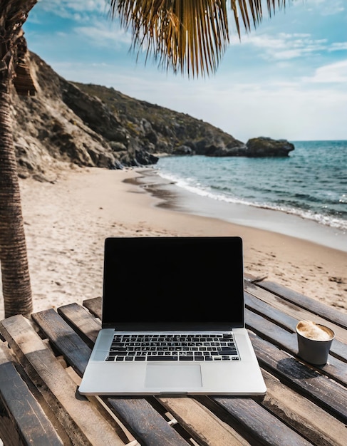 portátil en la mesa en la playa