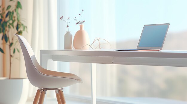 portátil en una mesa con silla en el fondo interior de la oficina