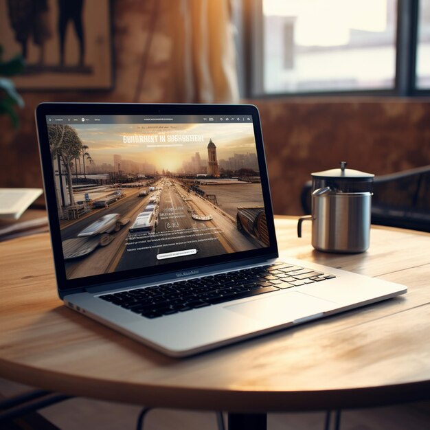 portátil en una mesa con una taza de café y una taza de café generativa ai